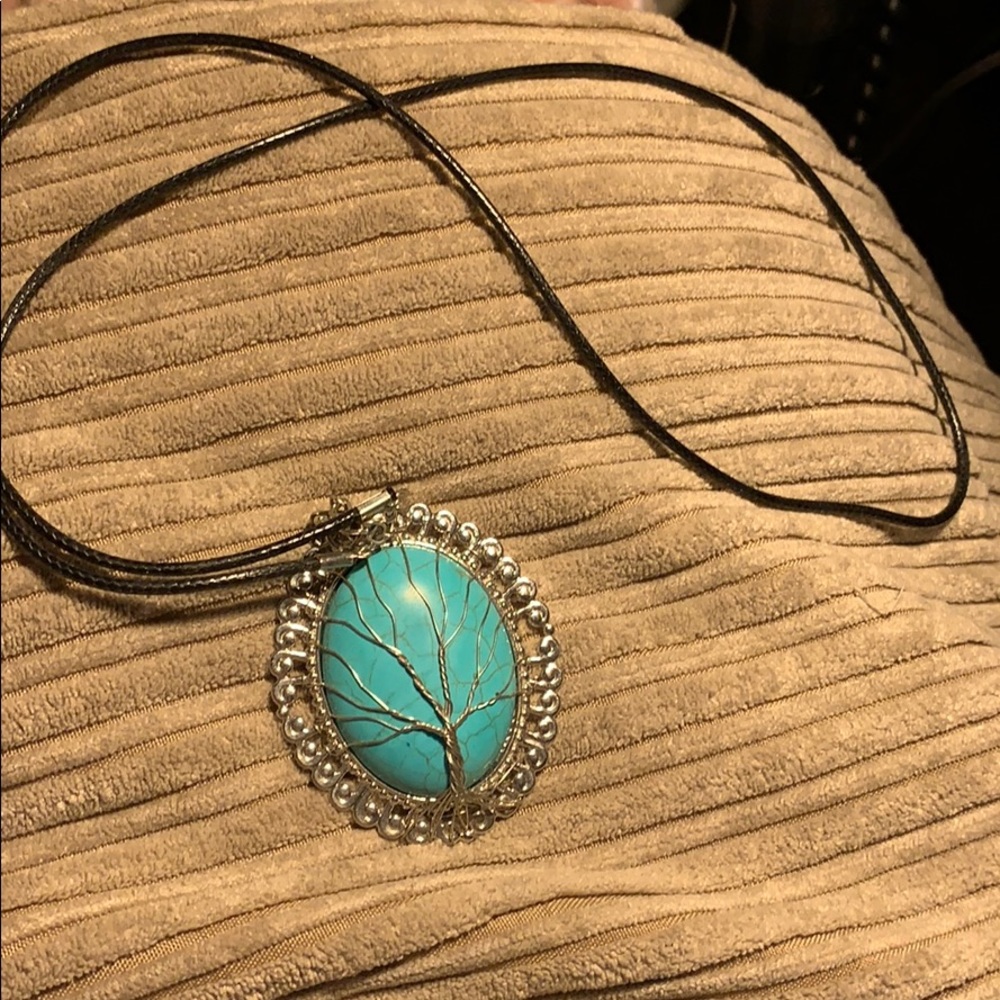 Large turquoise tree of life necklace sterling Sil